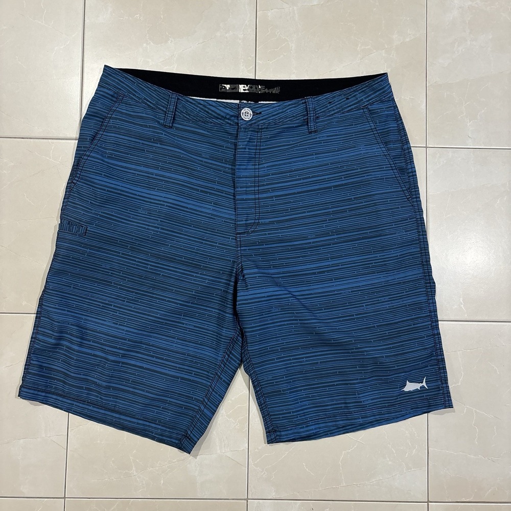 Pelagic Shorts 38 Men's Blue Striped Hybrid Fishing Swim Trunks